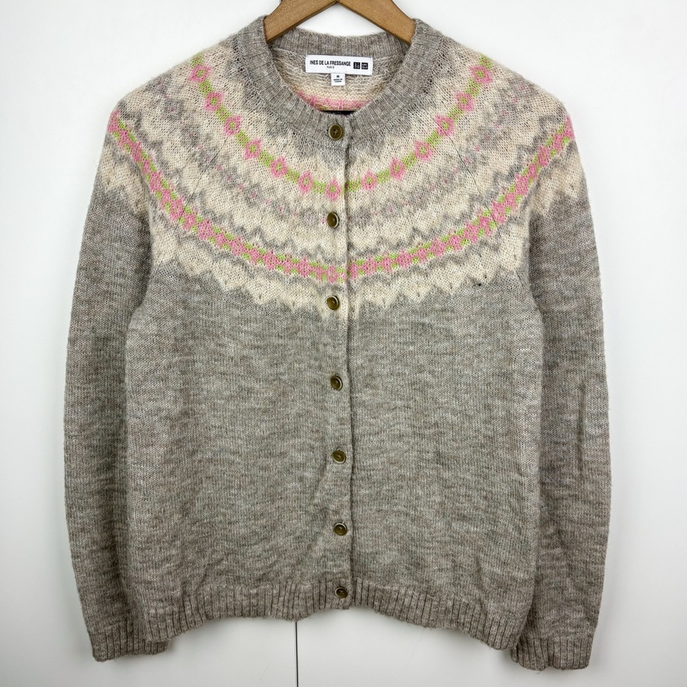 Uniqlo Ines De La Fressange Fair Isle Wool Blend Cardigan Sweater Grey Pink